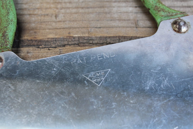 photo of Acme food chopper kitchen tool, 1930s vintage green handle cast iron w/ stainless steel rocking blade  #3