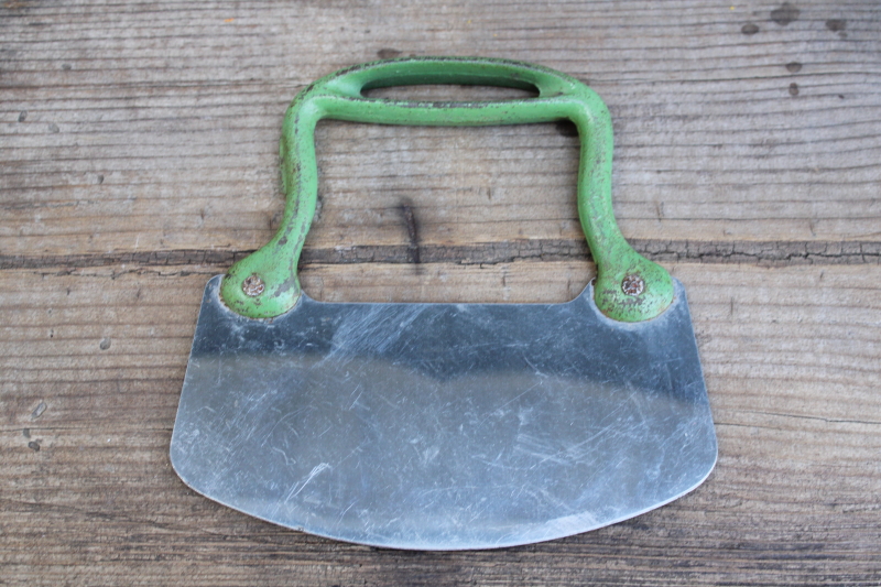 photo of Acme food chopper kitchen tool, 1930s vintage green handle cast iron w/ stainless steel rocking blade  #4