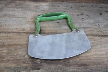 Acme food chopper kitchen tool, 1930s vintage green handle cast iron w/ stainless steel rocking blade 