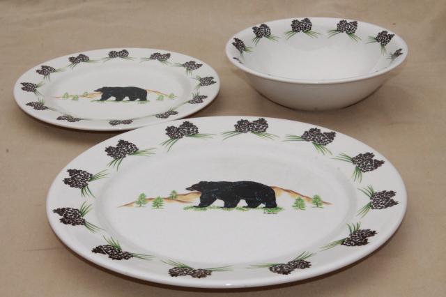 photo of Acrita pottery dinnerware, rustic pine cones black bear pattern ceramic dishes #5