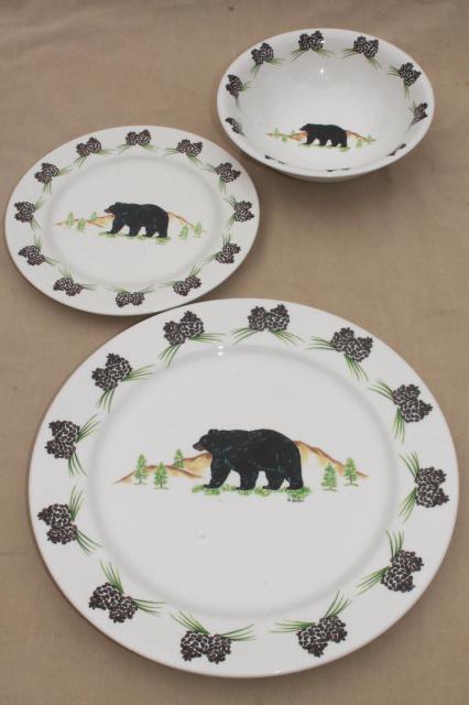 photo of Acrita pottery dinnerware, rustic pine cones black bear pattern ceramic dishes #6