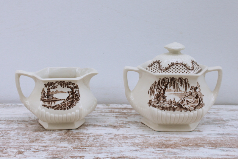 photo of Adams Du Barry pattern brown transferware ironstone china, vintage cream pitcher & sugar bowl set #1