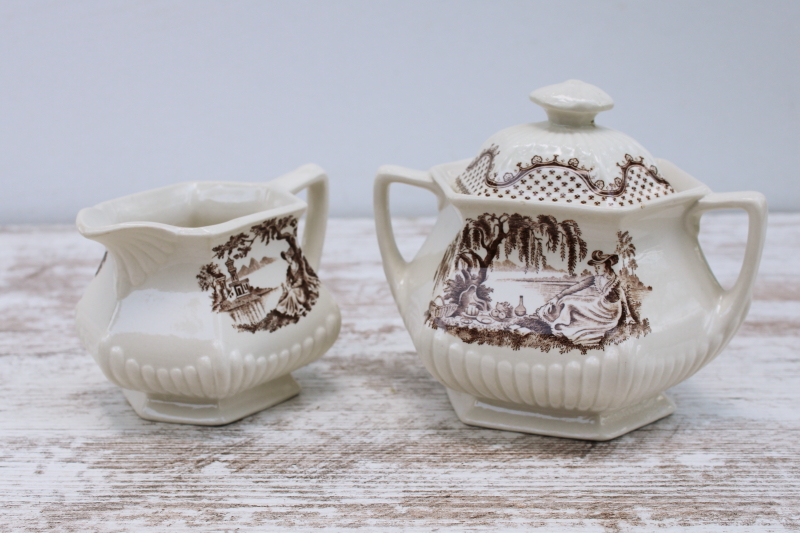 photo of Adams Du Barry pattern brown transferware ironstone china, vintage cream pitcher & sugar bowl set  #5