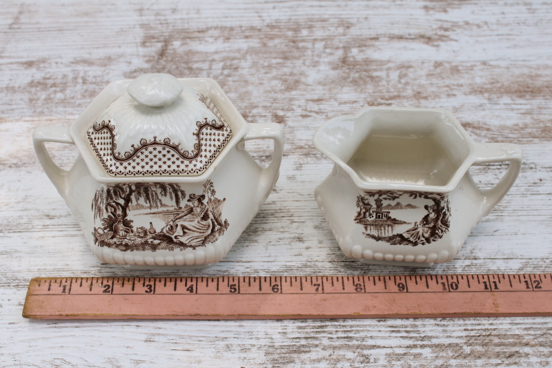 photo of Adams Du Barry pattern brown transferware ironstone china, vintage cream pitcher & sugar bowl set  #6