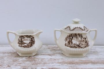 Adams Du Barry pattern brown transferware ironstone china, vintage cream pitcher & sugar bowl set 