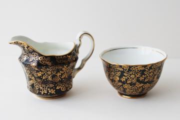 catalog photo of Adderley English bone china black w/ gold chintz, vintage cream & sugar set 