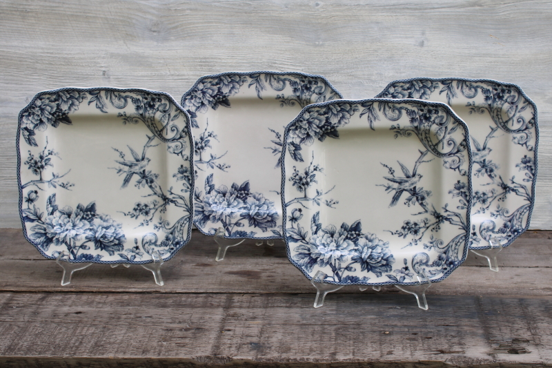photo of Adelaide blue & white china 222 Fifth square dinner plates birds & flowers toile print french country style  #1