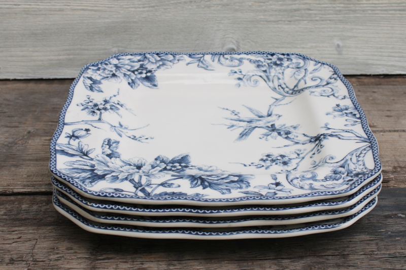 photo of Adelaide blue & white china 222 Fifth square dinner plates birds & flowers toile print french country style #7