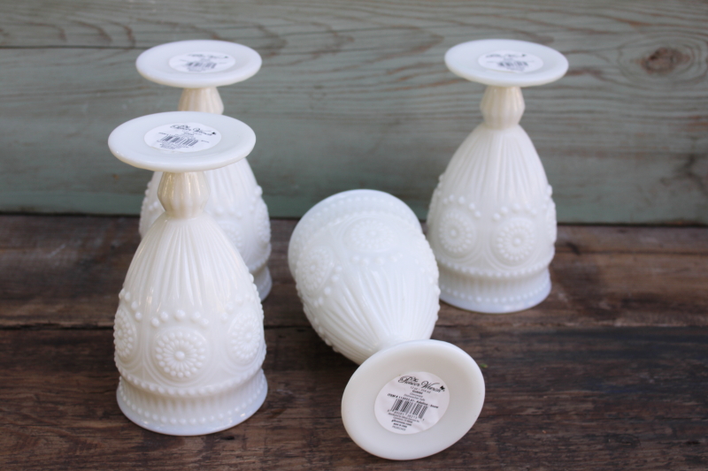 photo of Adeline Pioneer Woman snow white milk glass water glasses, set of 4 goblets w/ labels, never used  #2
