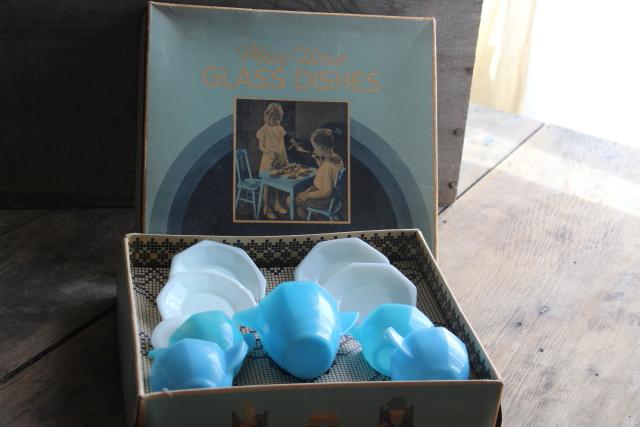 photo of Akro Agate depression glass vintage doll dishes child size tea set, delphite blue & white milk glass #1