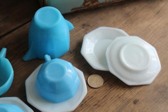 photo of Akro Agate depression glass vintage doll dishes child size tea set, delphite blue & white milk glass #2