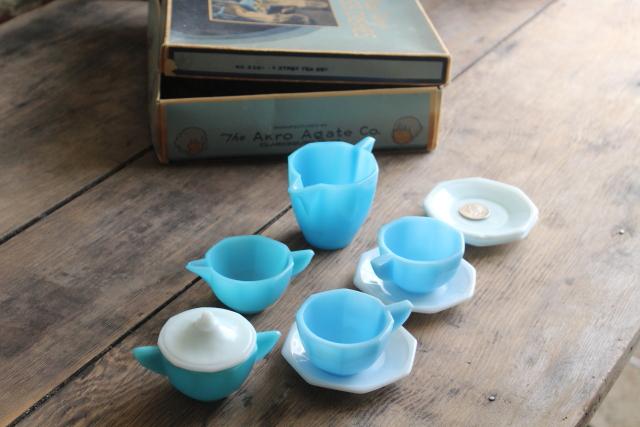 photo of Akro Agate depression glass vintage doll dishes child size tea set, delphite blue & white milk glass #5