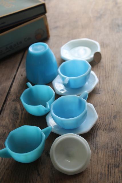 photo of Akro Agate depression glass vintage doll dishes child size tea set, delphite blue & white milk glass #7