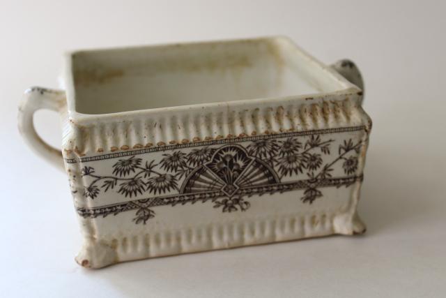 photo of Alexandria palm leaf pattern brown transferware, aesthetic antique china square honey box #1