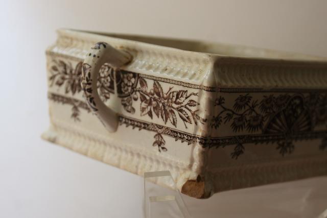 photo of Alexandria palm leaf pattern brown transferware, aesthetic antique china square honey box #4