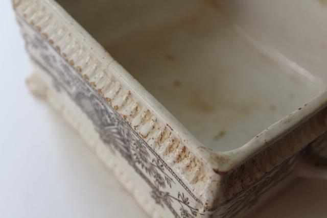 photo of Alexandria palm leaf pattern brown transferware, aesthetic antique china square honey box #7