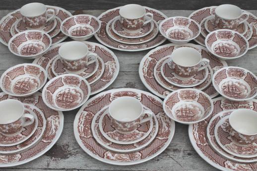 photo of Alfred Meakin Fair Winds vintage brown transferware china set for 8, tall ships sailing #1