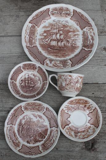 photo of Alfred Meakin Fair Winds vintage brown transferware china set for 8, tall ships sailing #6