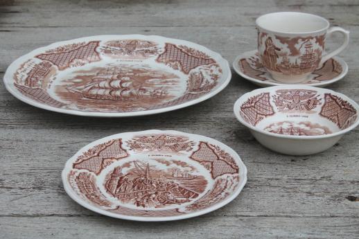 photo of Alfred Meakin Fair Winds vintage brown transferware china set for 8, tall ships sailing #7