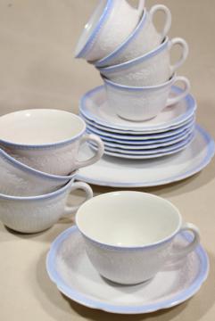 catalog photo of Alice blue / ivory Anchor Hocking Fire King cups & saucers dinner plate, 1940s vintage