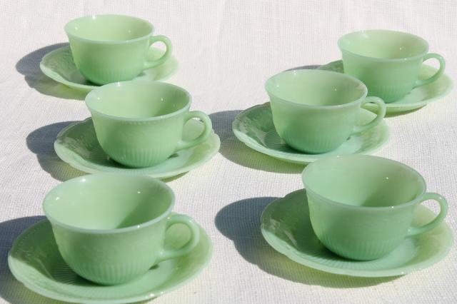 photo of Alice jadeite glass cups & saucers, vintage Fire King jadite green glassware #1
