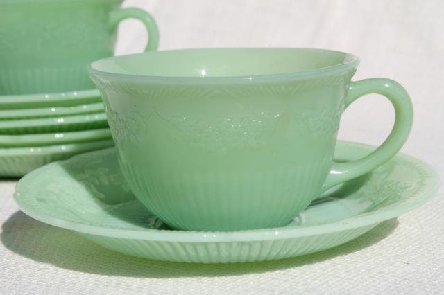 photo of Alice jadeite glass cups & saucers, vintage Fire King jadite green glassware #3