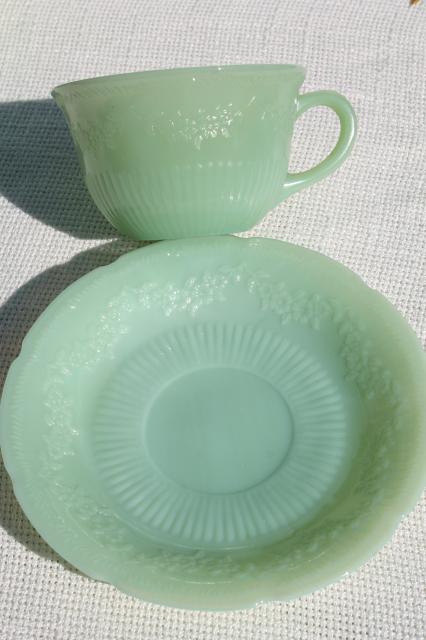 photo of Alice jadeite glass cups & saucers, vintage Fire King jadite green glassware #4