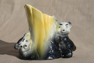 catalog photo of American Bisque vintage pottery planter, baby black bears on tree stump