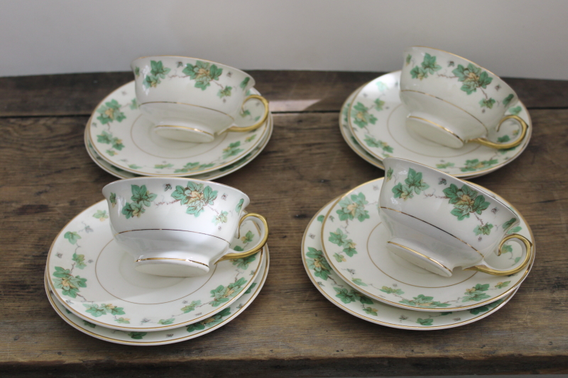 photo of American Ivy pattern vintage china tea cups & saucers w/ small plates, trio sets #2