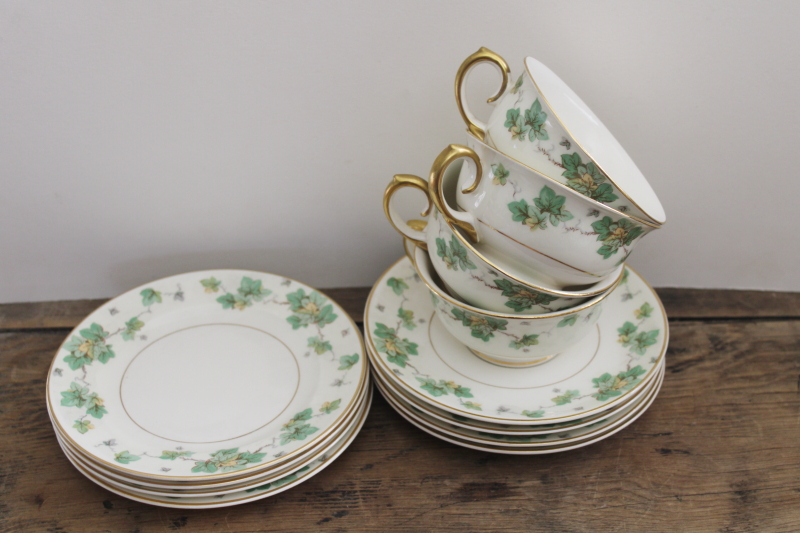 photo of American Ivy pattern vintage china tea cups & saucers w/ small plates, trio sets #7