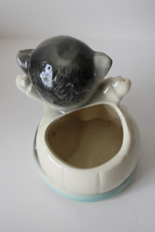 photo of American bisque pottery planter, sleepy baby kitten figurine mid century vintage  #2