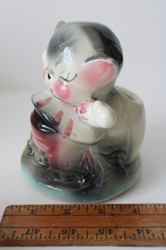 photo of American bisque pottery planter, sleepy baby kitten figurine mid century vintage  #4