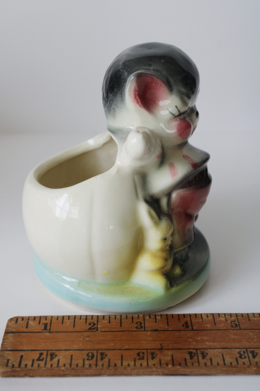 photo of American bisque pottery planter, sleepy baby kitten figurine mid century vintage  #5