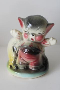 American bisque pottery planter, sleepy baby kitten figurine mid century vintage 