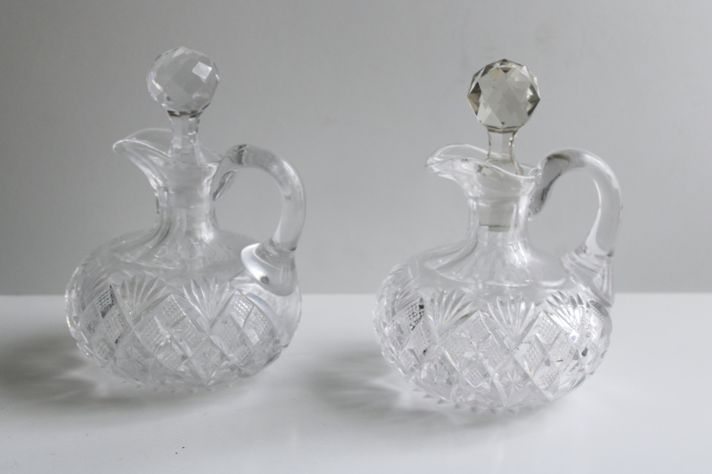 photo of American brilliant antique cut glass cruets, pair of pitchers with stoppers  #1