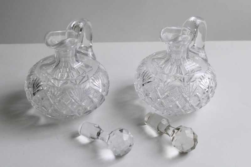 photo of American brilliant antique cut glass cruets, pair of pitchers with stoppers  #4