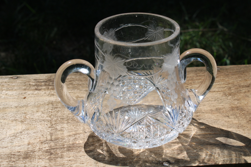 photo of American brilliant glass spooner or sugar jar, antique vintage hand cut crystal w/ grapes border  #7