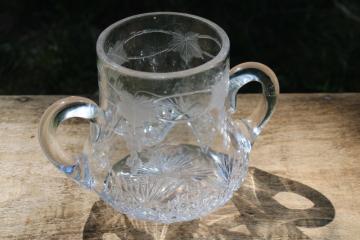 catalog photo of American brilliant glass spooner or sugar jar, antique vintage hand cut crystal w/ grapes border 