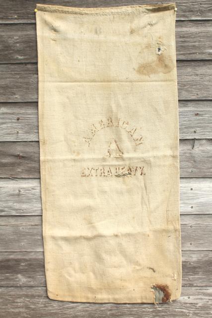 photo of American graphics feed bag, vintage heavy cotton grain sack, primitive grubby antique fabric #1