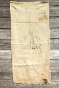 catalog photo of American graphics feed bag, vintage heavy cotton grain sack, primitive grubby antique fabric