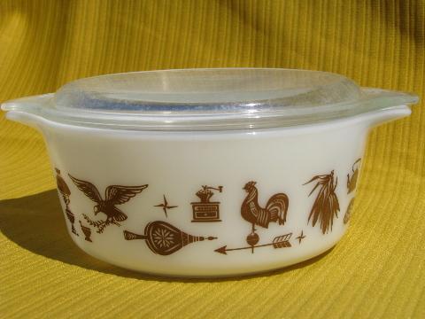photo of American heritage eagle pattern Pyrex casseroles set w/ glass covers #4