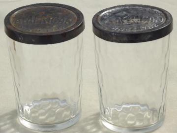 catalog photo of American snuff jars, vintage glass snuff bottles w/ embossed metal lids