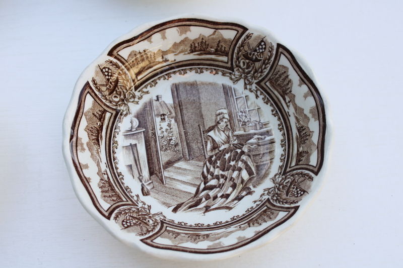 photo of Americana brown transferware ironstone china Betsy Ross bowls, scenes from American history print vintage J & G Meakin  #2
