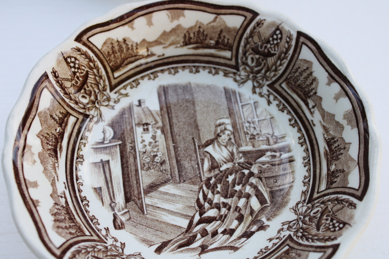 photo of Americana brown transferware ironstone china Betsy Ross bowls, scenes from American history print vintage J & G Meakin  #3