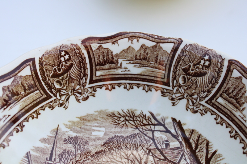 photo of Americana brown transferware ironstone china cereal bowls, scenes from American history print vintage J & G Meakin  #4