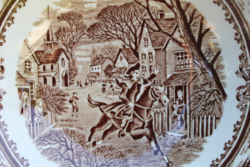 photo of Americana brown transferware ironstone china cereal bowls, scenes from American history print vintage J & G Meakin  #5
