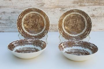 Americana brown transferware ironstone china cereal bowls, scenes from American history print vintage J & G Meakin 