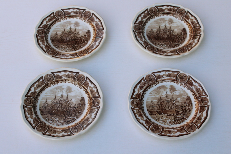 photo of Americana brown transferware ironstone china plates Boston Tea Party, American history scenes print vintage J & G Meakin #1