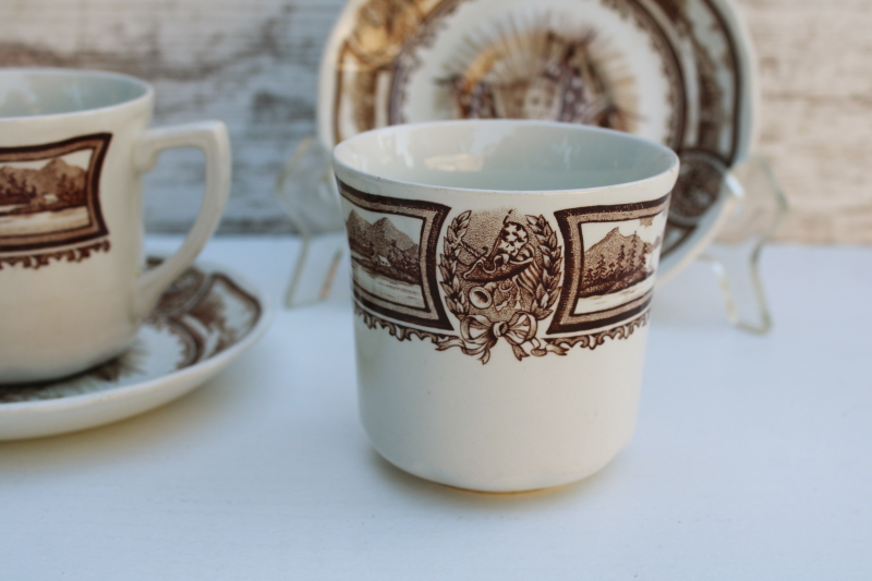 photo of Americana brown transferware ironstone china tea cups and saucers, vintage J & G Meakin  #2