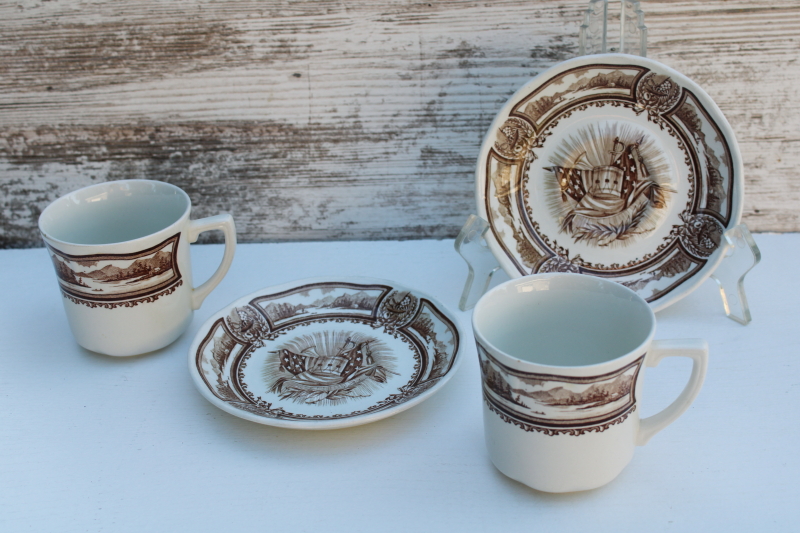 photo of Americana brown transferware ironstone china tea cups and saucers, vintage J & G Meakin  #3